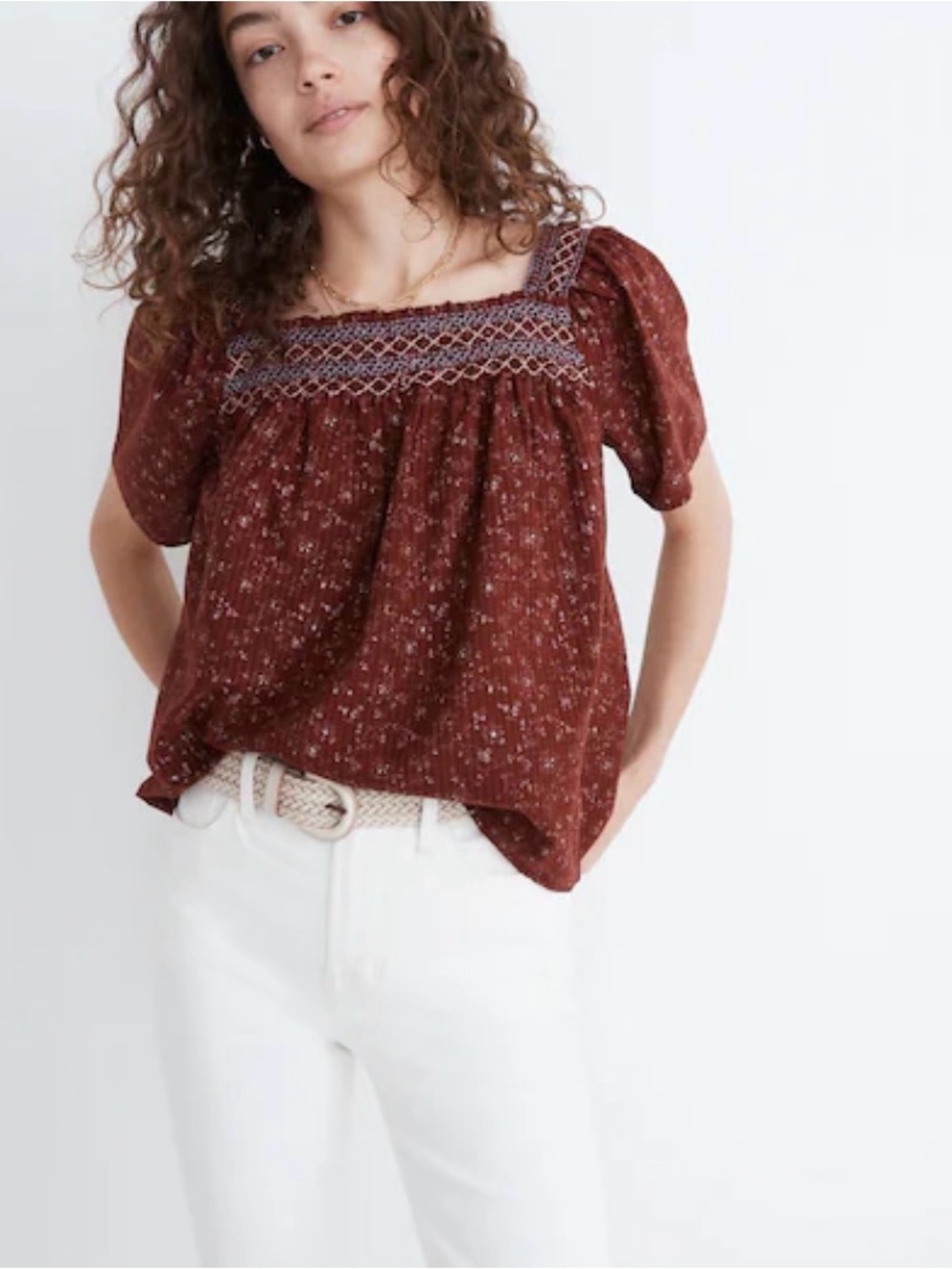Madewell Rust Smocked Square-Neck Peasant Blouse Women’s L